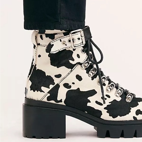 Free People Jeffrey Campbell Printed Check Lace Up Boot Color Cow - Picture 2 of 10